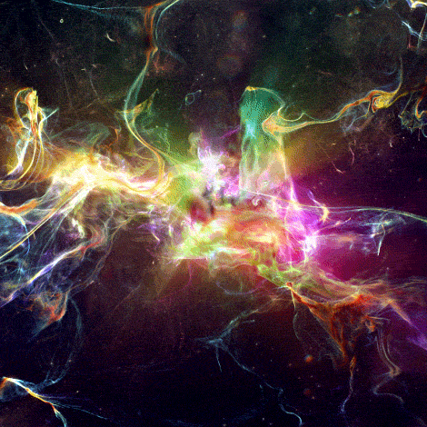An abstract space motif pulsing with light and color